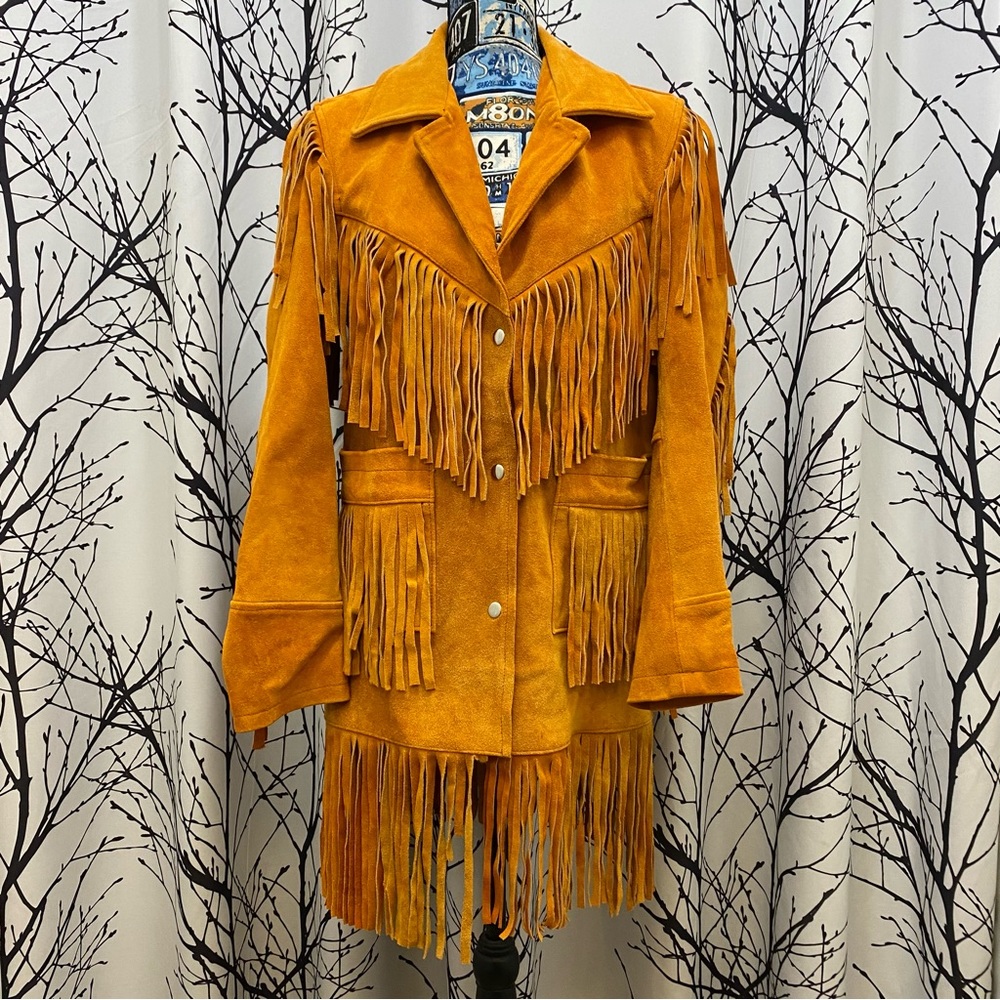 Western Fringe Leather Jacket Orange Fringe Real Suede Jacket Coat Women’s XL